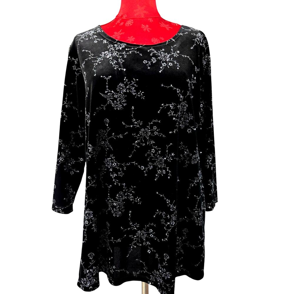 Notations Woman dressy black velour top silver floral sequins 3/4 sleeve SZ 1X